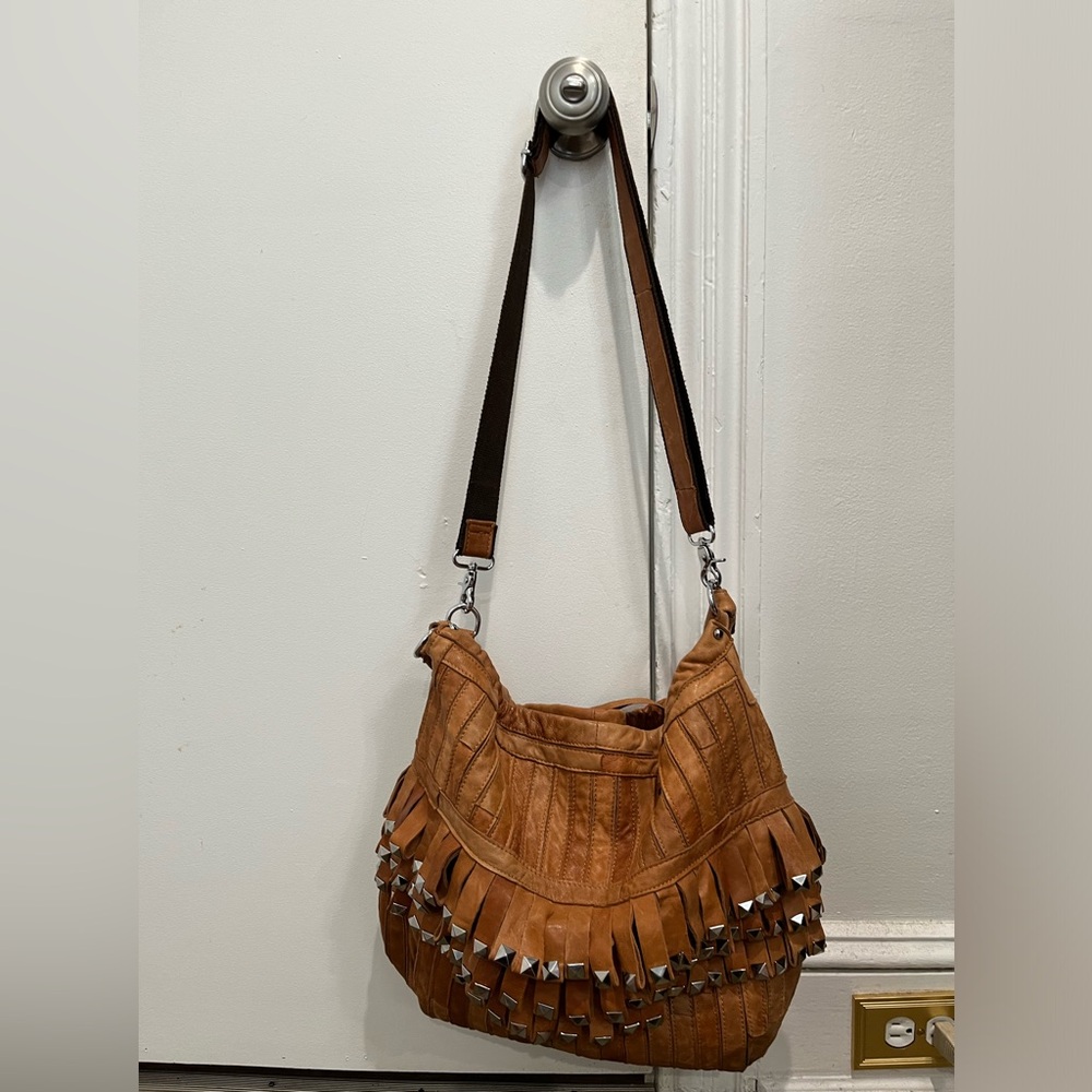 Amerileather Tan Leather Studded Tutu Hobo Handbag - Picture 4 of 9